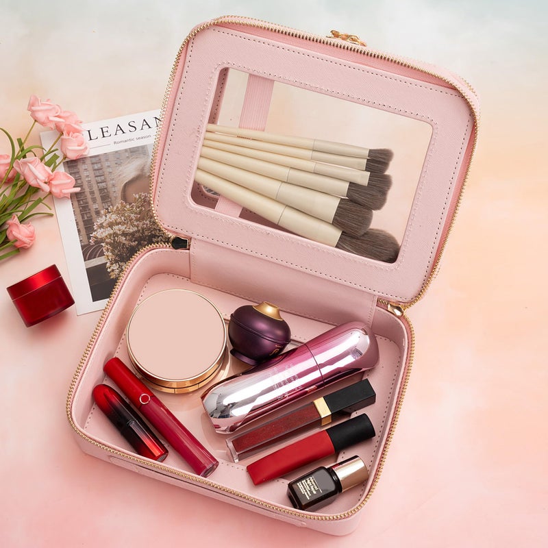 Aveniee XL Clear Makeup Organizer,Double Layer Travel Cosmetic Case with Brush Holder & Zippered Compartments, Large Toiletry Bag Train Case for Women,2 Layers, Pink - Image 4